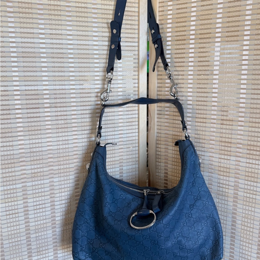 Gucci Navy Guccissima GG Leather Hobo Shoulder Bag